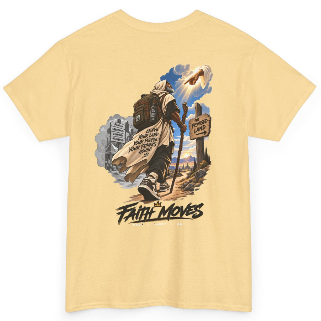 A pale yellow crewneck t-shirt with a large graphic print on the front showing a man carrying a backpack and walking, text that reads 'FAITH MOVES'.