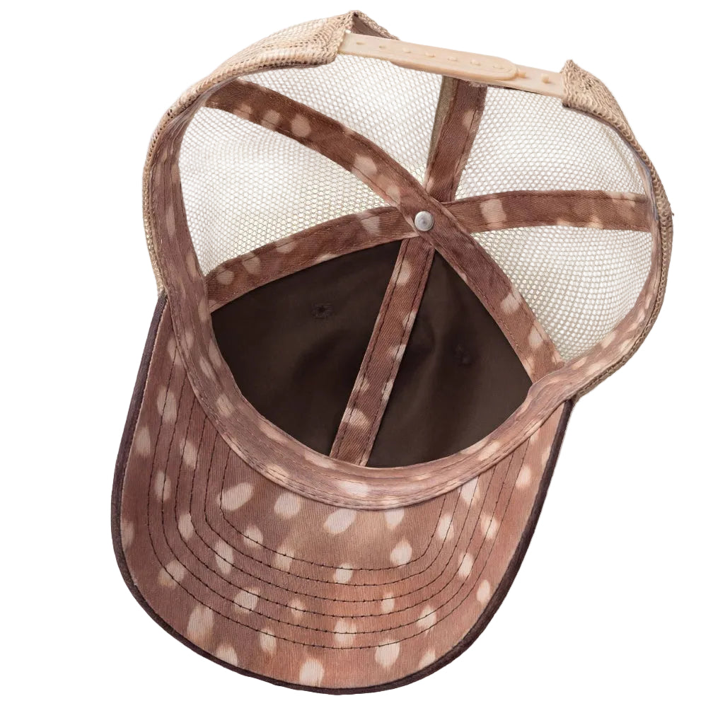 Brown and beige fawn spots cap with mesh back on a white background