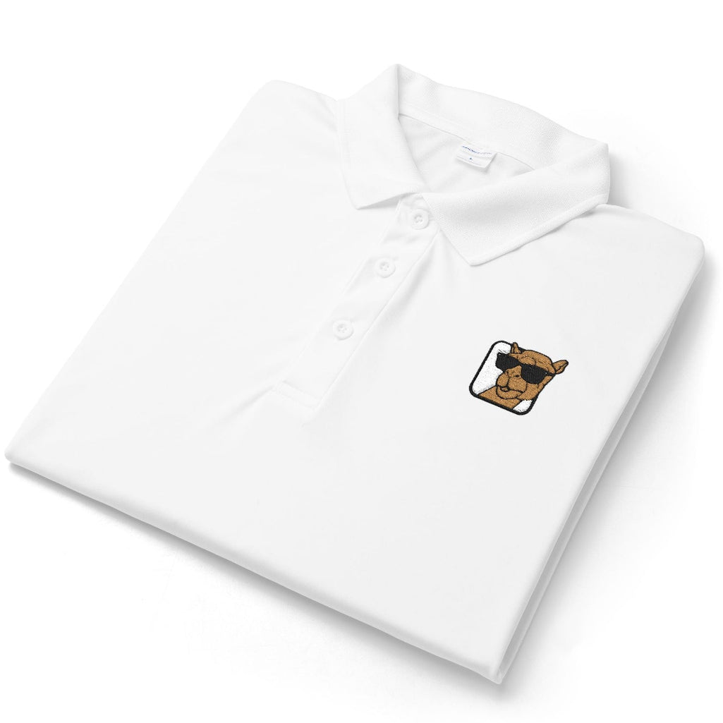 A folded white short-sleeve polo shirt with a small embroidered camel wearing sunglasses on the chest, shown on a clean white background.