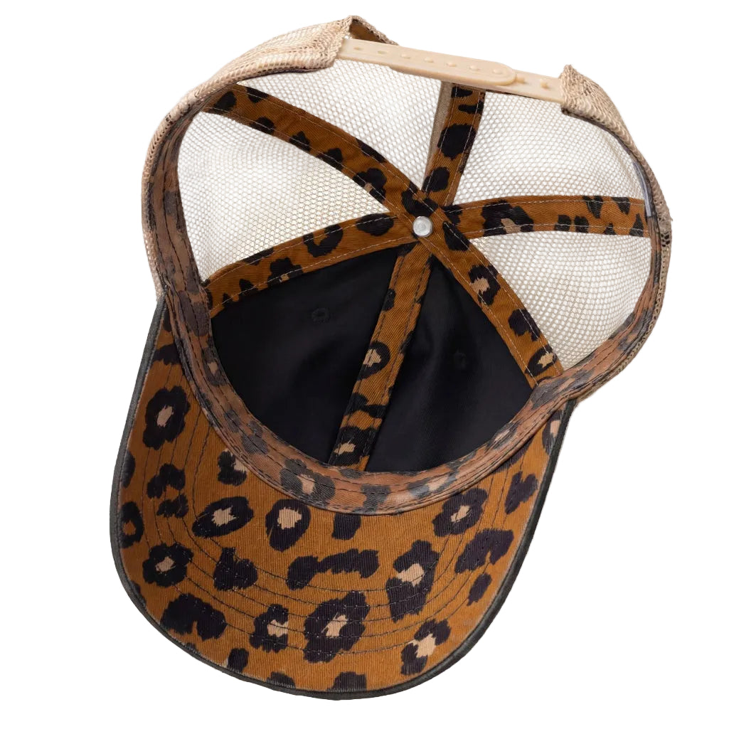 Leopard print baseball cap with mesh back on a white background