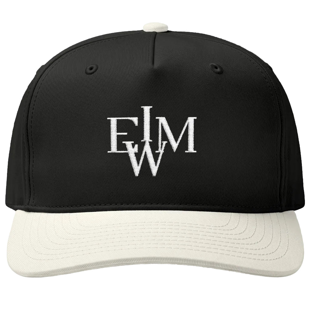 Black/cream monogramed IEWM two toned hat on white background