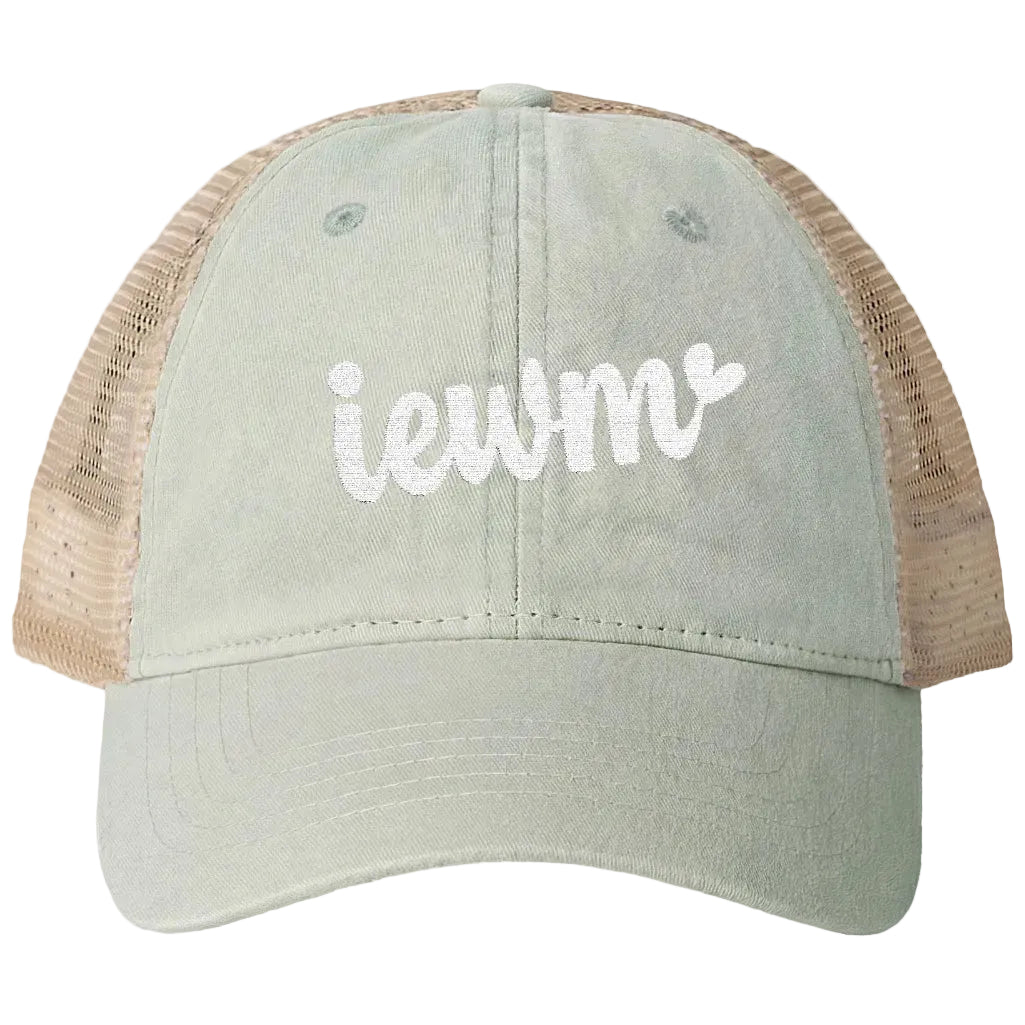 A trucker-style baseball cap with a sage green front panel and brim, tan mesh back panels, and white embroidered text reading 'iewm' on the front, shown against a plain white background.