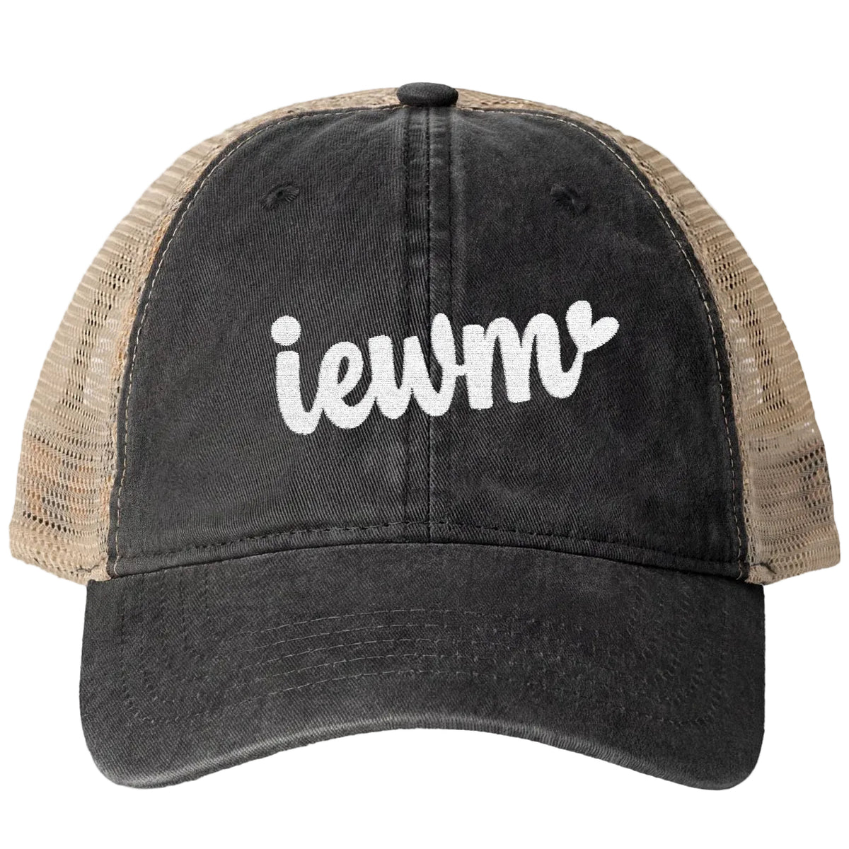 A black washed trucker hat with beige mesh back panels and white embroidered text reading 'iewm' on the front, shown against a plain white background.