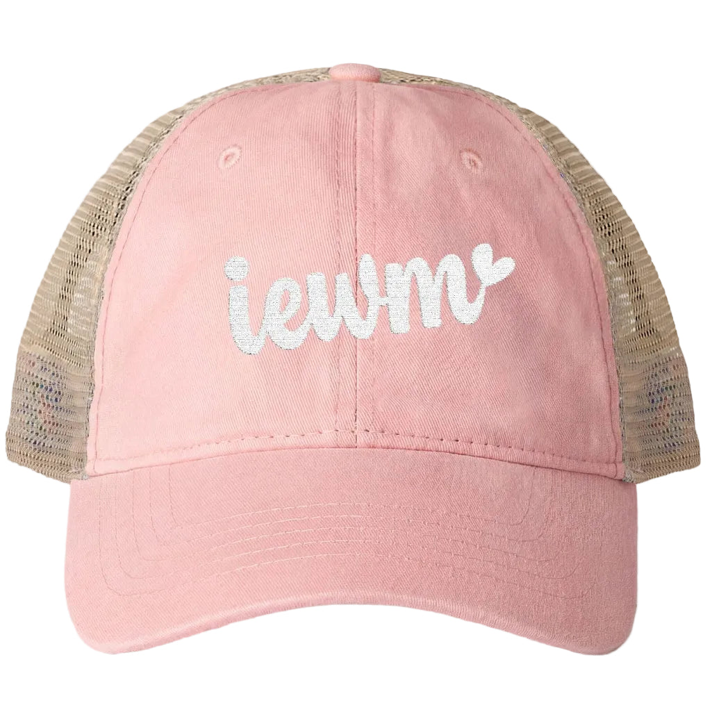 Pink cap with 'iewm' text on a white background