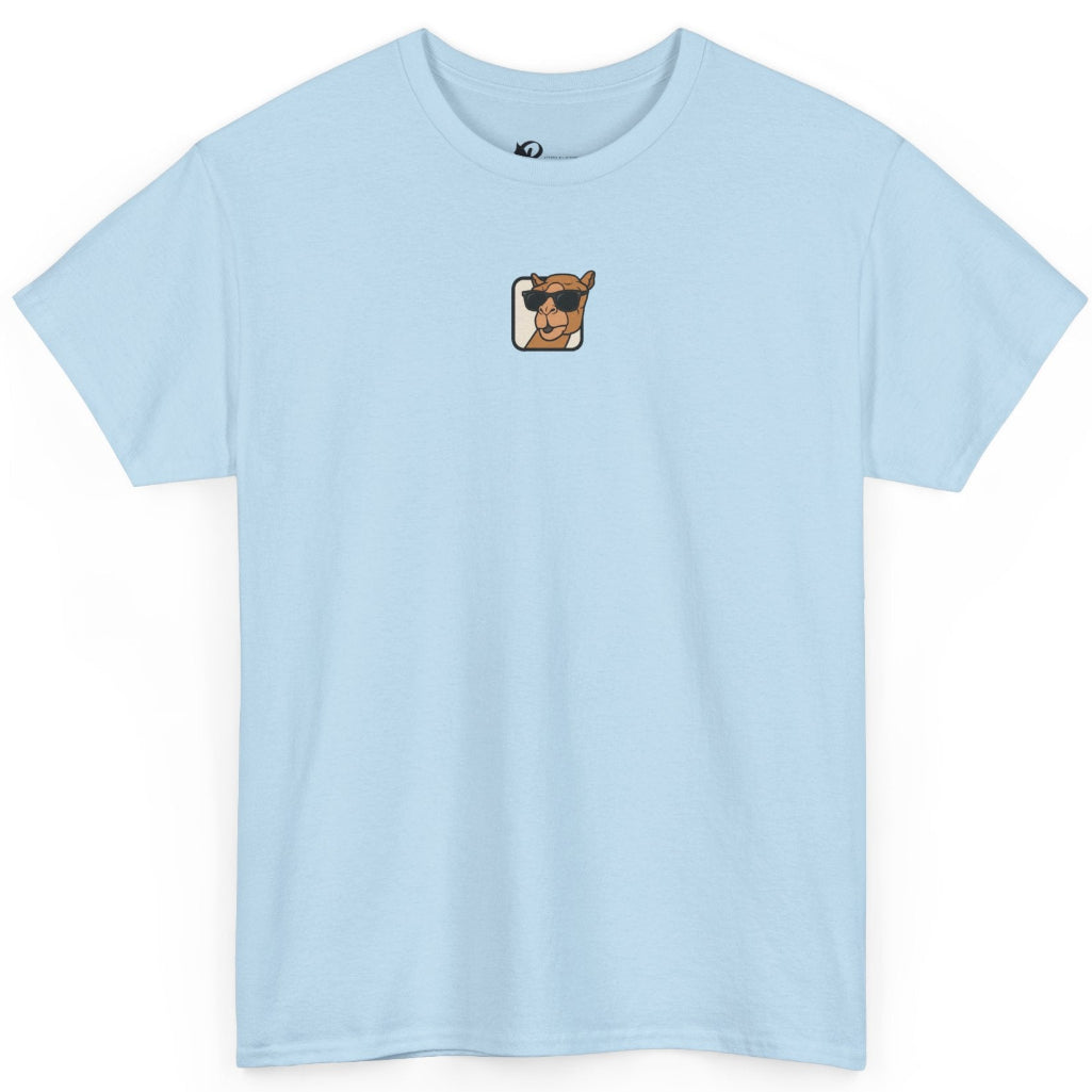 A light blue short-sleeve crewneck t-shirt with a small graphic of a camel wearing sunglasses on the chest, displayed on a clean white background.
