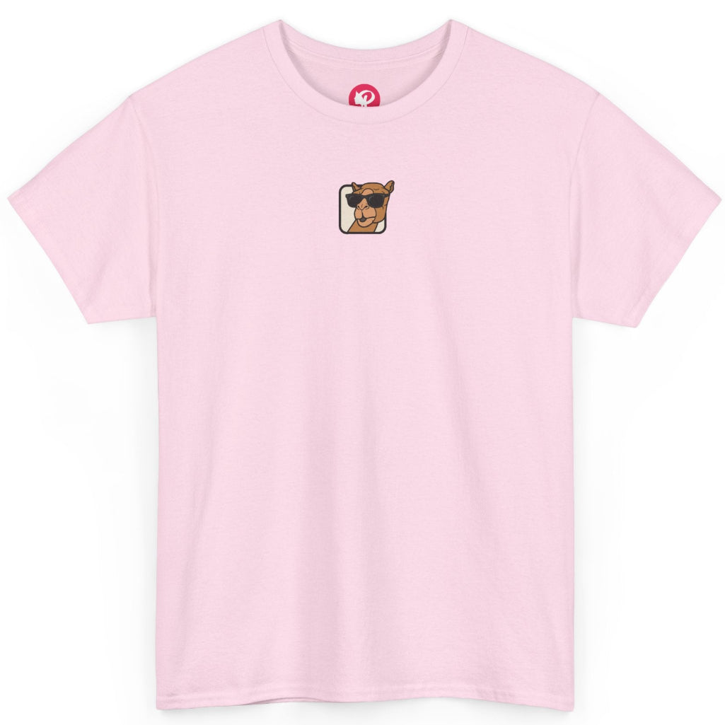 A light pink short-sleeve crewneck t-shirt with a small graphic of a camel wearing sunglasses on the chest, displayed on a clean white background.