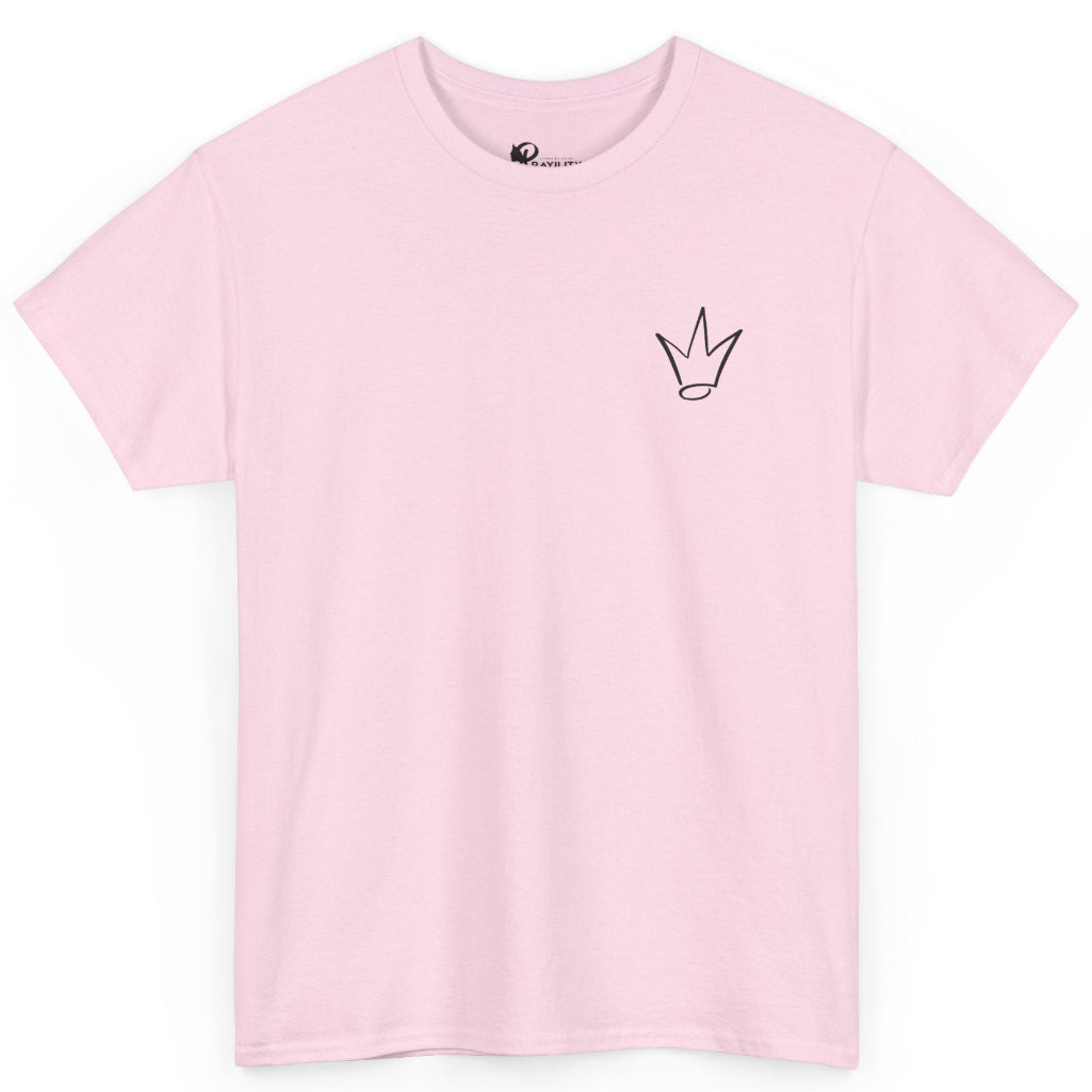 A light pink short-sleeve crewneck t-shirt with a small black line-art crown graphic on the left chest, displayed on a clean white background.