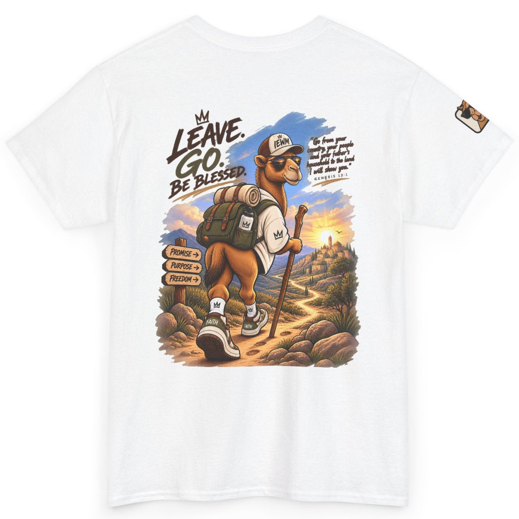 A white short-sleeve crewneck t-shirt featuring a large graphic print on the front of a camel hiker with the text 'LEAVE. GO.