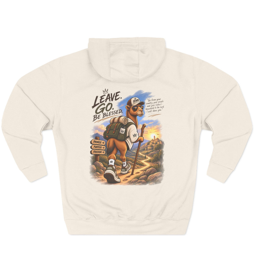 Back of sand colored hoodie camel hiker carrying a brown staff on a white background