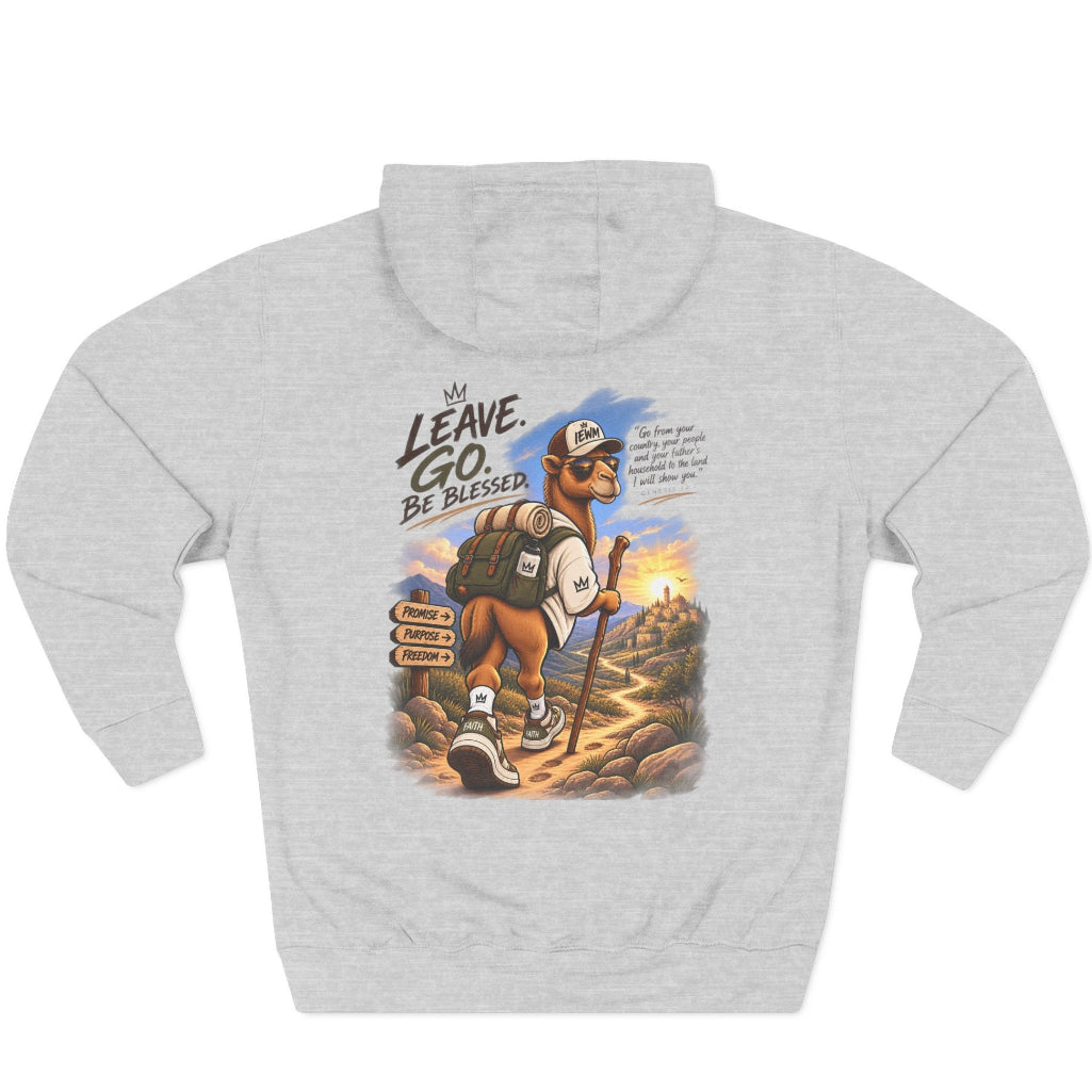 Back of gray hoodie camel hiker carrying a brown staff on a white background