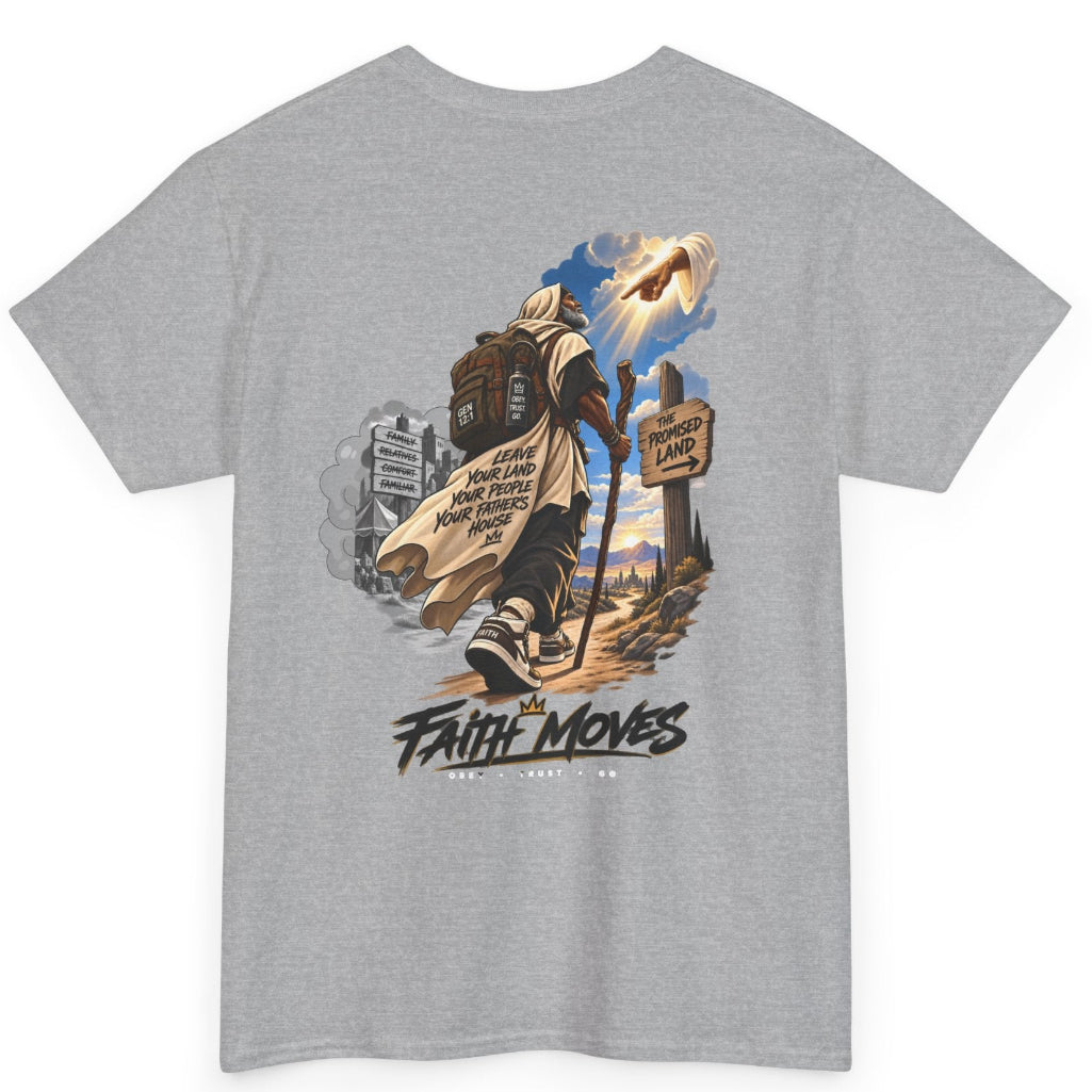 A heather gray short-sleeve t-shirt with a large graphic print on the front. The graphic features an illustration of a person carrying a backpack and a sign that reads 'FAITH MOVES', with a dog in the background and the text 'FAITH MOVES' printed below.