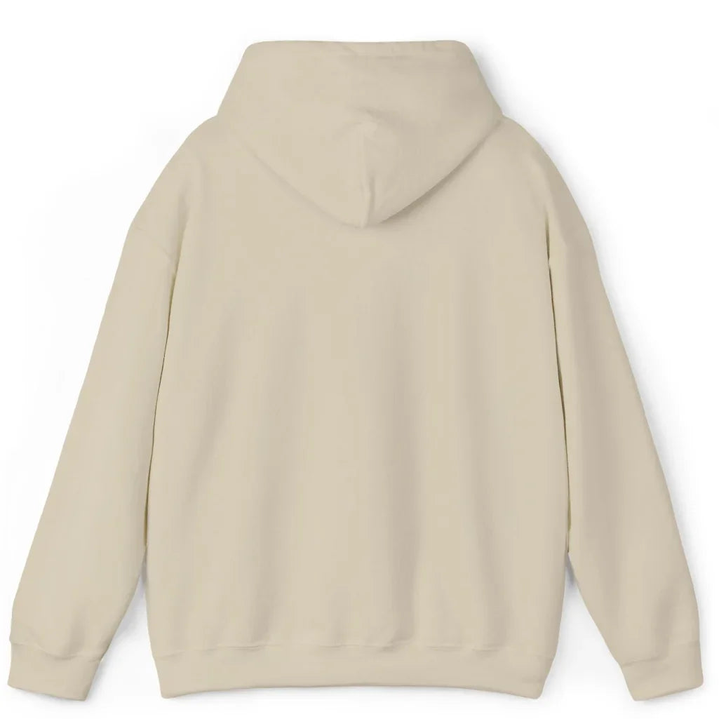 Beige hoodie with brand logos on sleeves against a white background