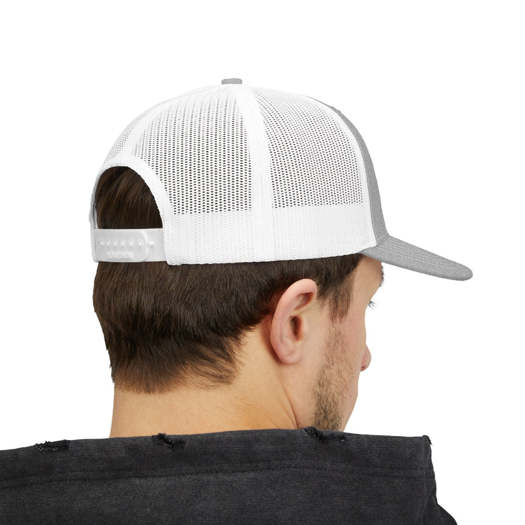 Back of person wearing a black hoodie and white and gray cap on a white background