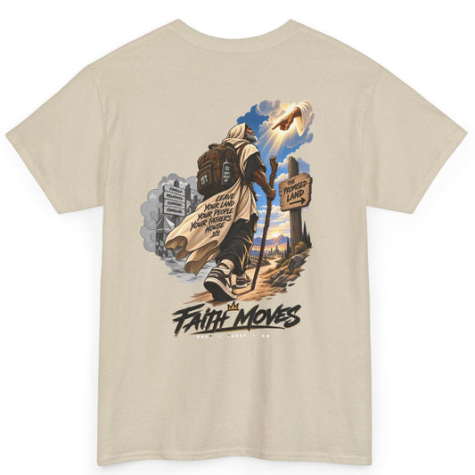 A beige short-sleeve t-shirt with a large graphic print on the front, featuring an illustration of a person carrying a staff and the text 'FAITH MOVES'.