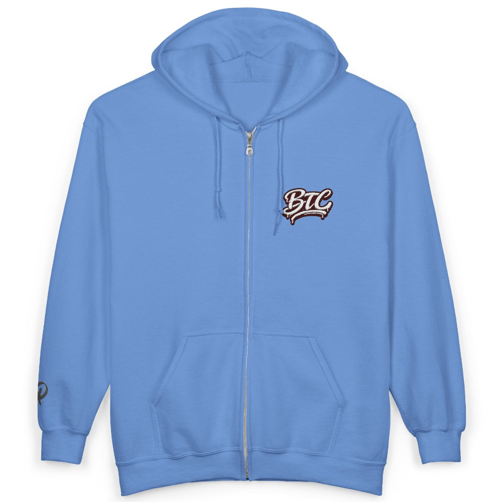 Blue hoodie with a logo on the chest against a white background