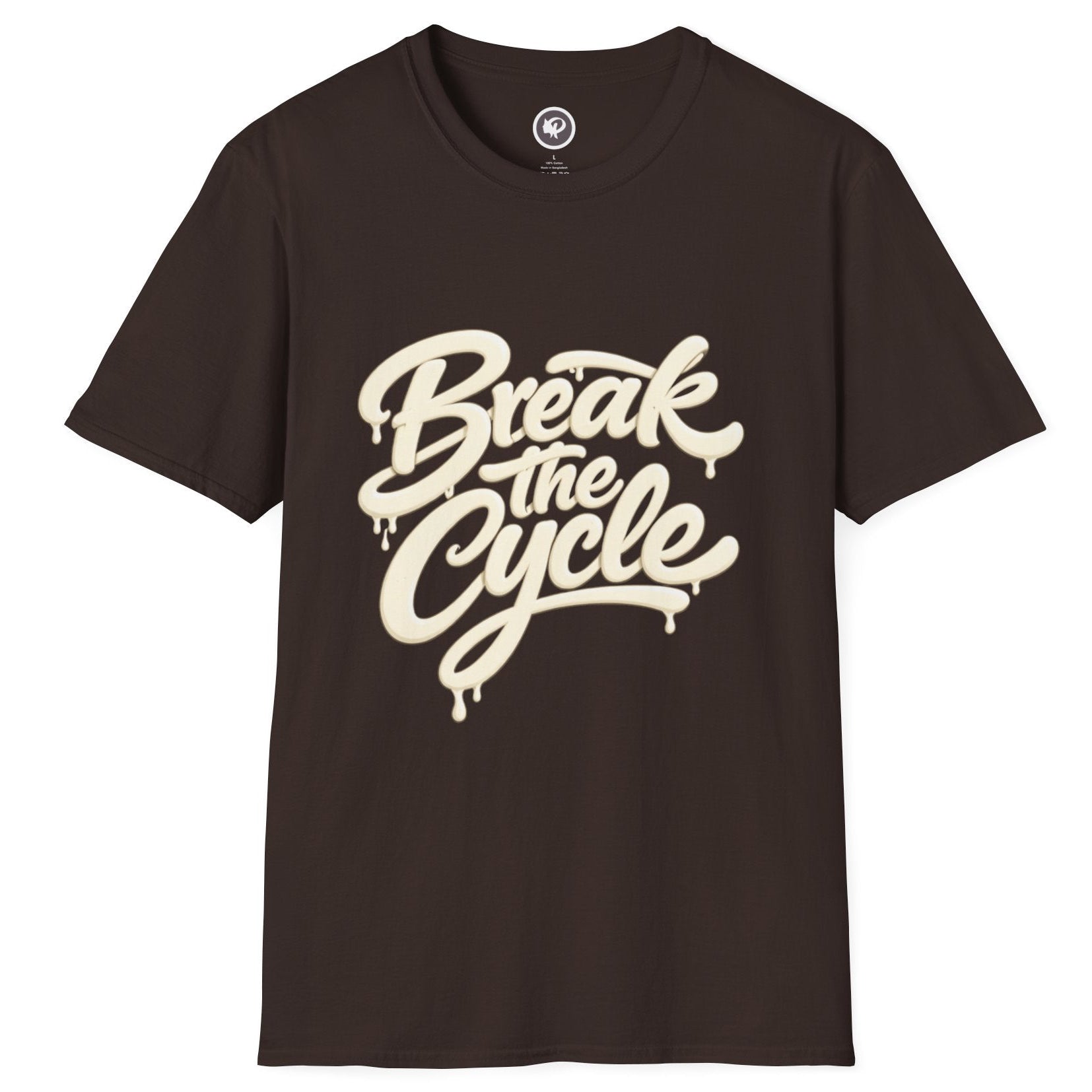 Brown t-shirt with beige text listing names on a white background