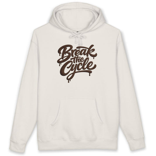 A bone colored pullover hoodie with a dark brown dripping-style graphic on the chest that reads 'Break the Cycle'. The hoodie features a front kangaroo pocket and bone drawstrings, presented on a clean white background.