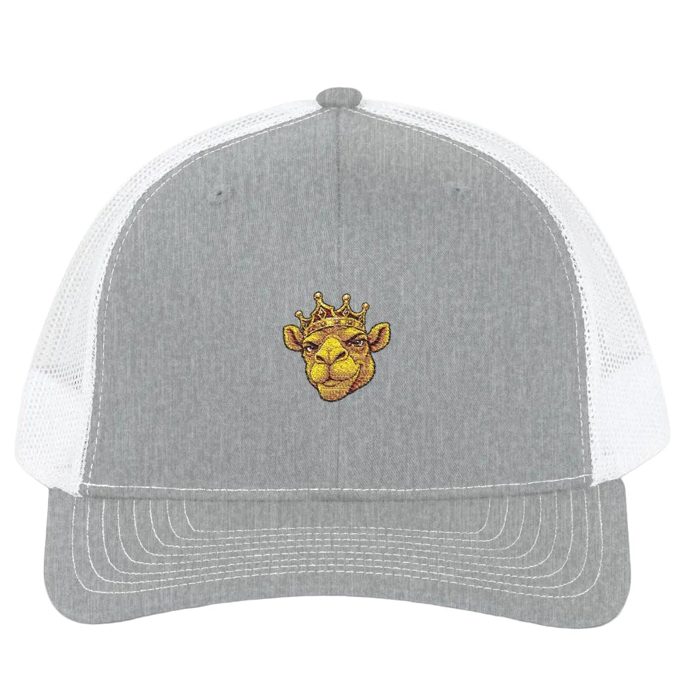Gray and white cap with camel logo on a white background