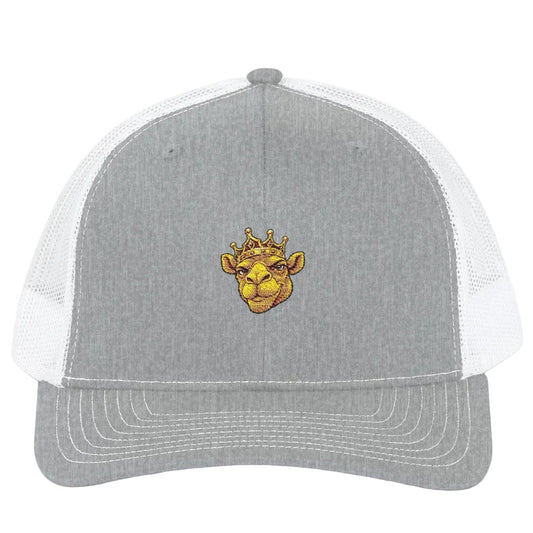 Gray and white cap with camel logo on a white background