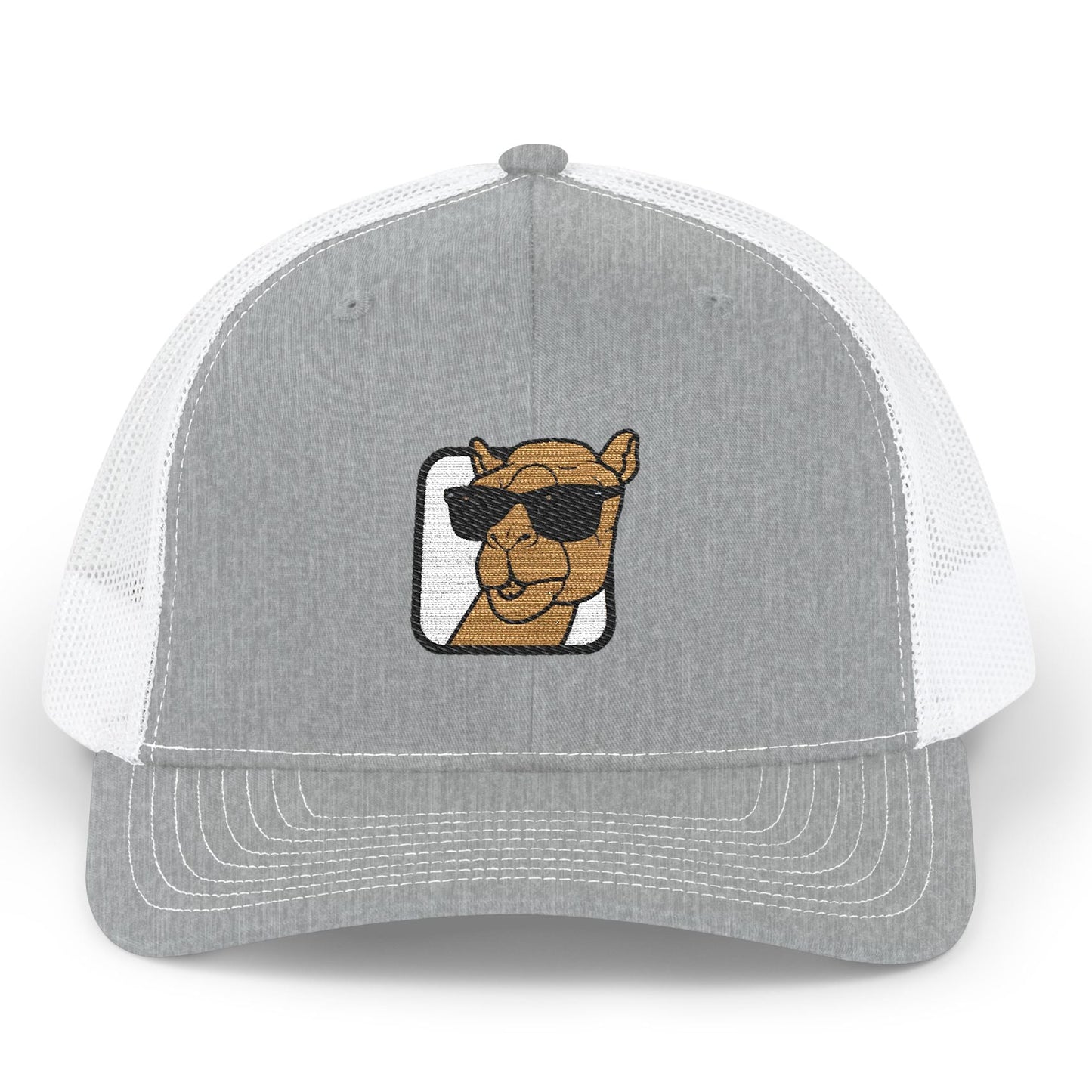 Grey and white trucker hat with camel embroidery 