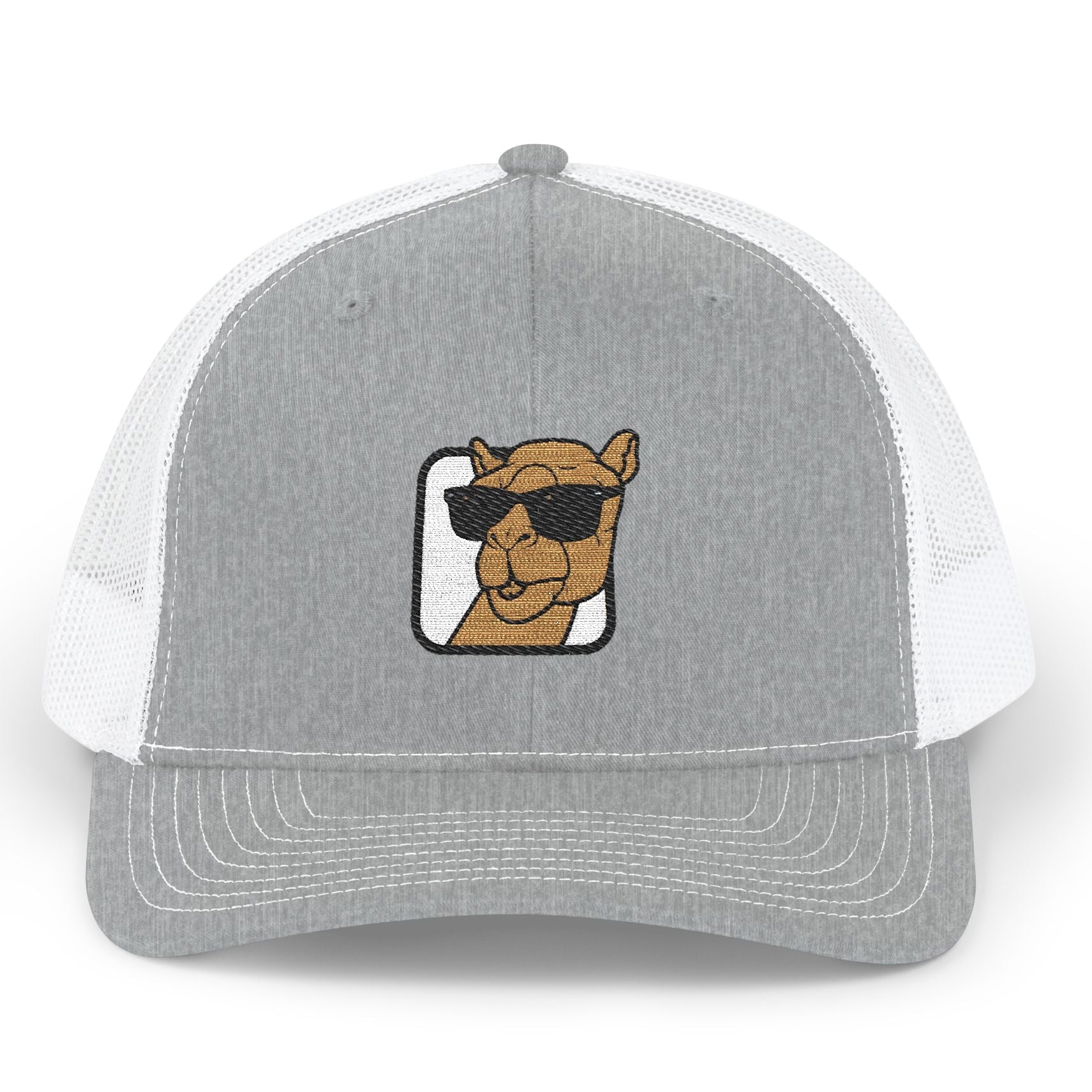 Grey and white trucker hat with camel embroidery 
