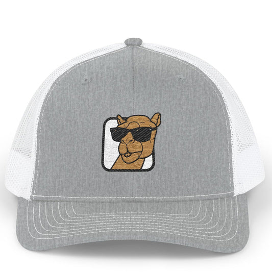 Grey and white trucker hat with camel embroidery 
