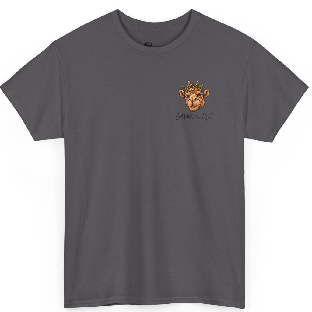 A dark gray crewneck t-shirt with a small cartoon camel graphic and the text 'GENESIS 12:1' printed on the left chest, displayed on a clean white background.