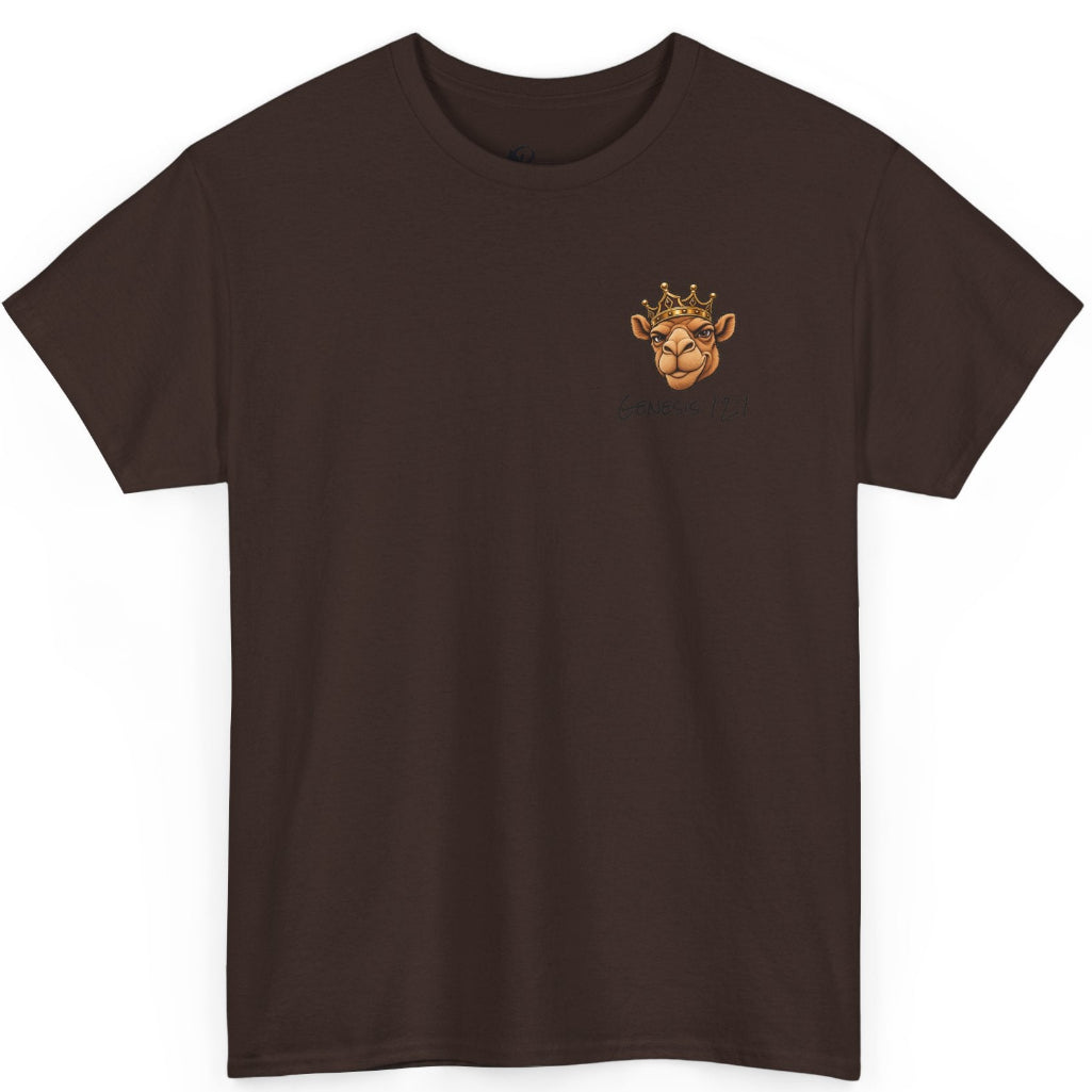 Chocolate brown t-shirt with a logo on the chest against a white background