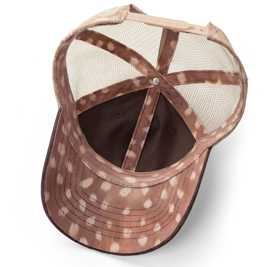 Brown and beige fawn spots cap with mesh back on a white background