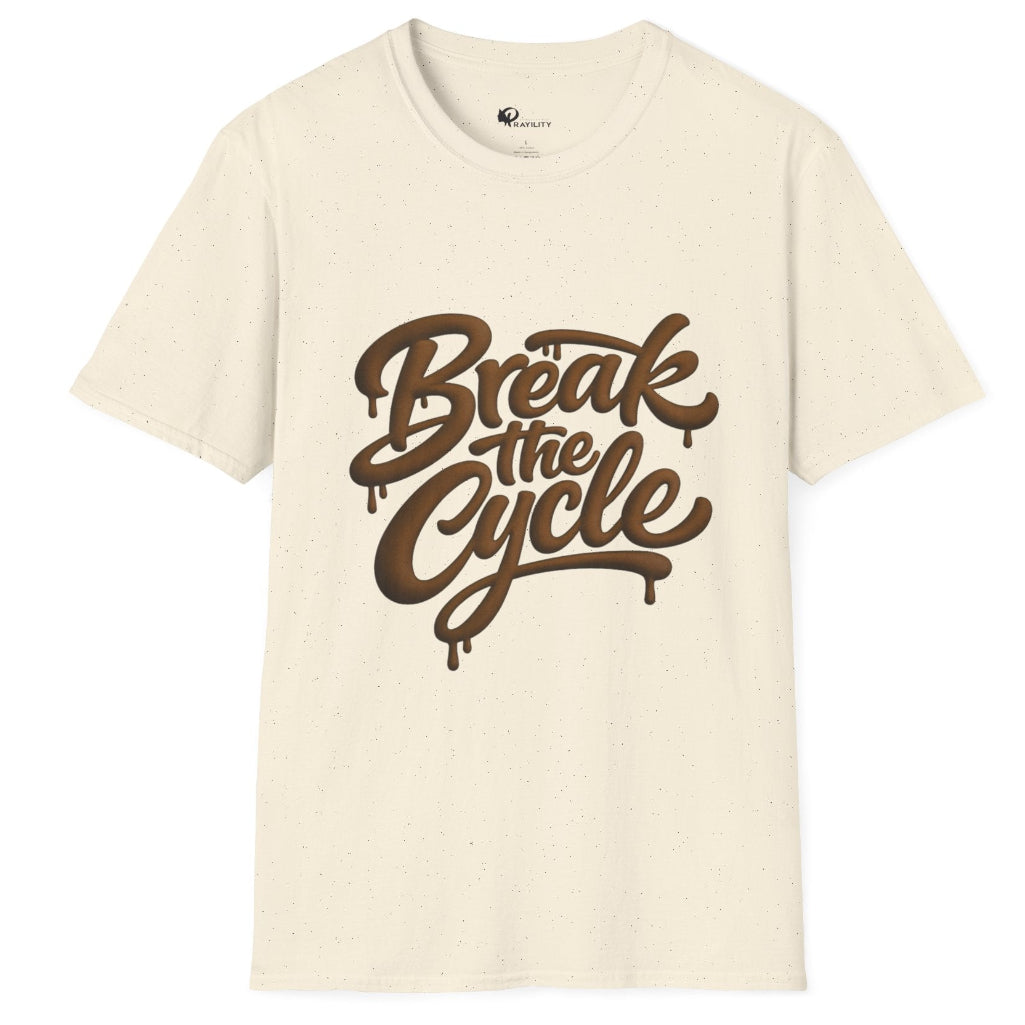 An off-white crewneck t-shirt featuring a brown dripping script graphic that reads 'Break the Cycle' across the chest, displayed on a clean white background.