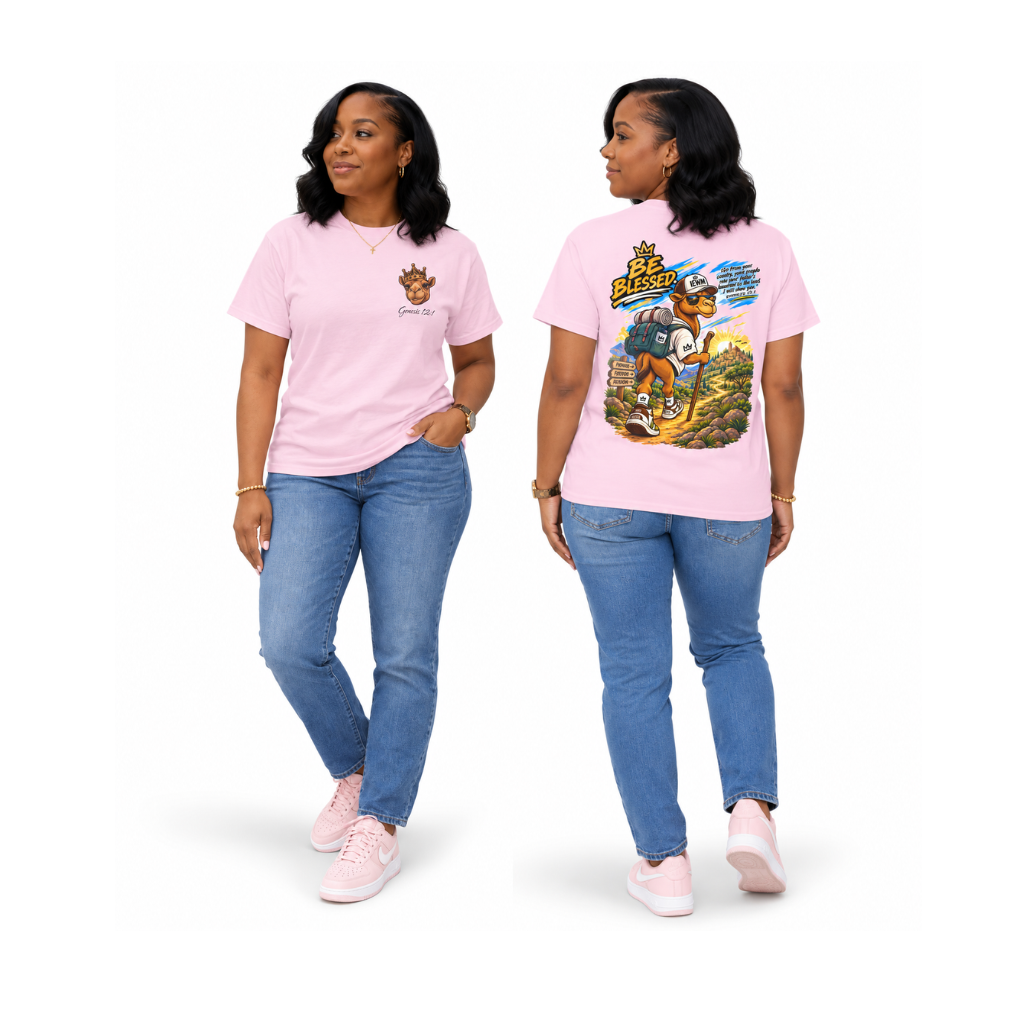 A plus-size woman modeling a light pink graphic t-shirt in two views (front and back) paired with blue jeans and pink sneakers against a white studio background.