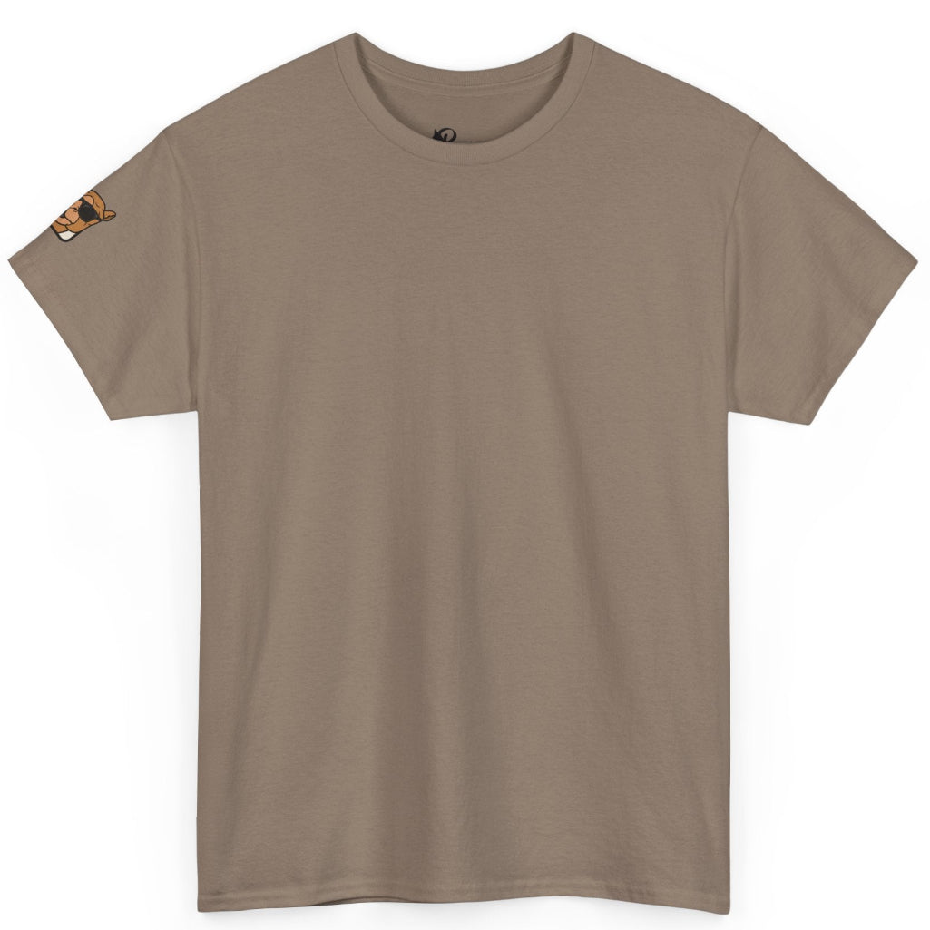 A short-sleeve crewneck t-shirt in a muted taupe-brown color, featuring a small embroidered camel graphic on the left sleeve, displayed against a solid white background.
