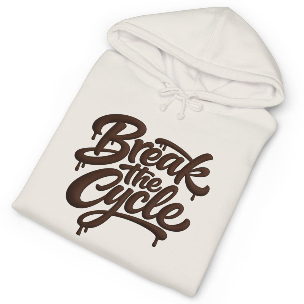 An off-white hooded sweatshirt with a dark brown 'Break the Cycle' graphic printed on the front, displayed on a clean white background.