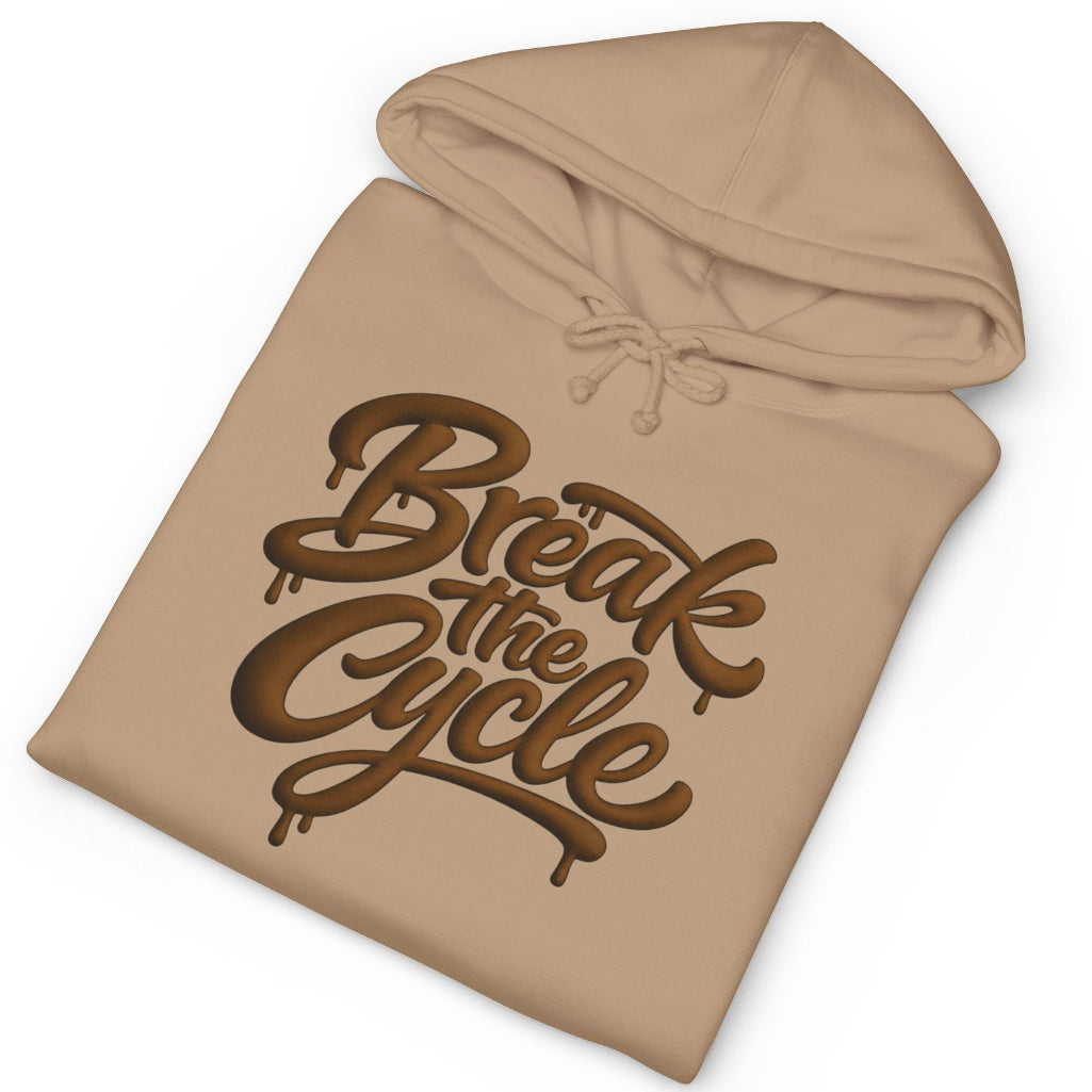A sand-colored pullover hoodie with a large brown graphic text reading 'Break the Cycle' on the front, shown on a clean white background.