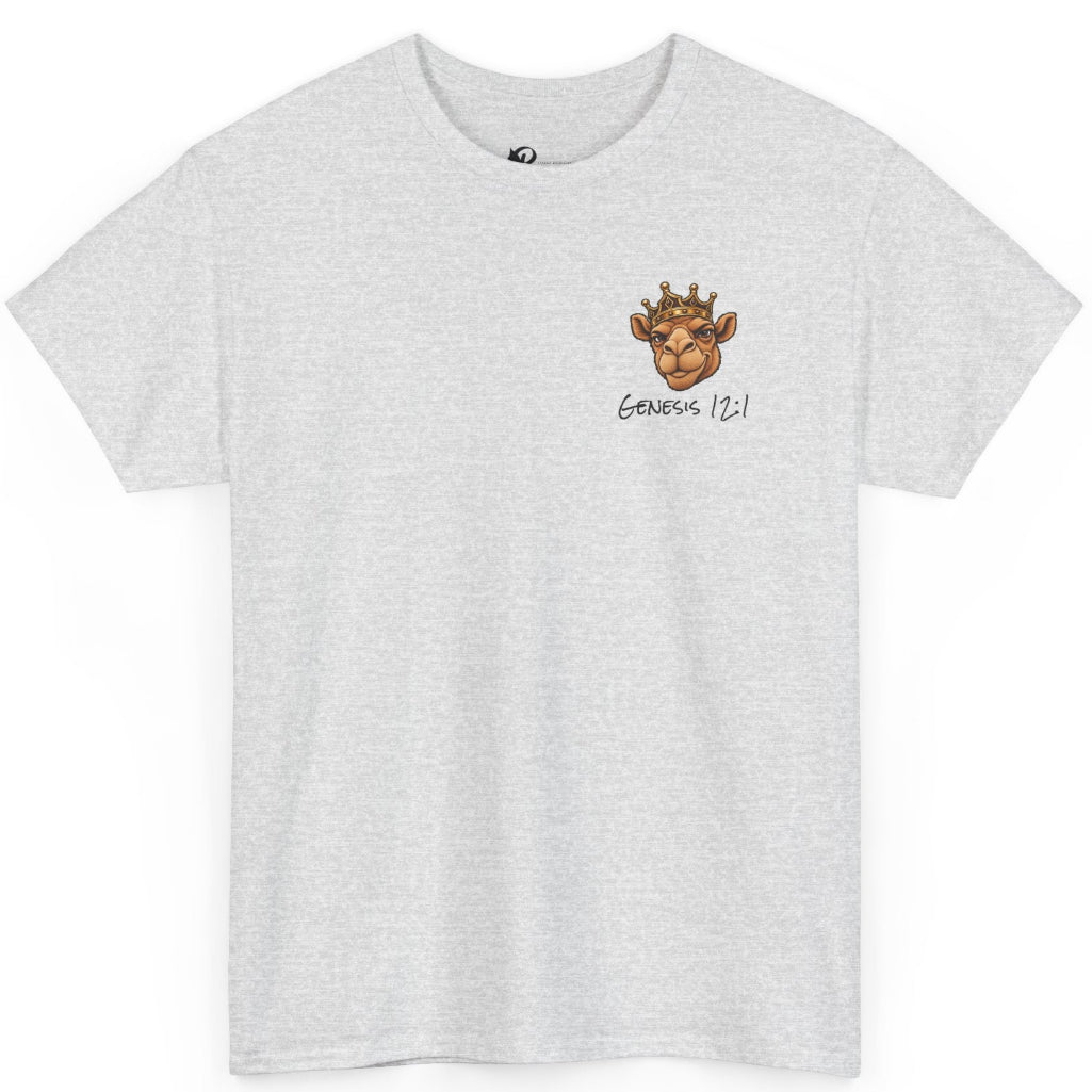 A light heather gray short-sleeve crewneck t-shirt with a small graphic on the left chest showing a cartoon camel wearing a crown and the text 'GENESIS 12:1'.