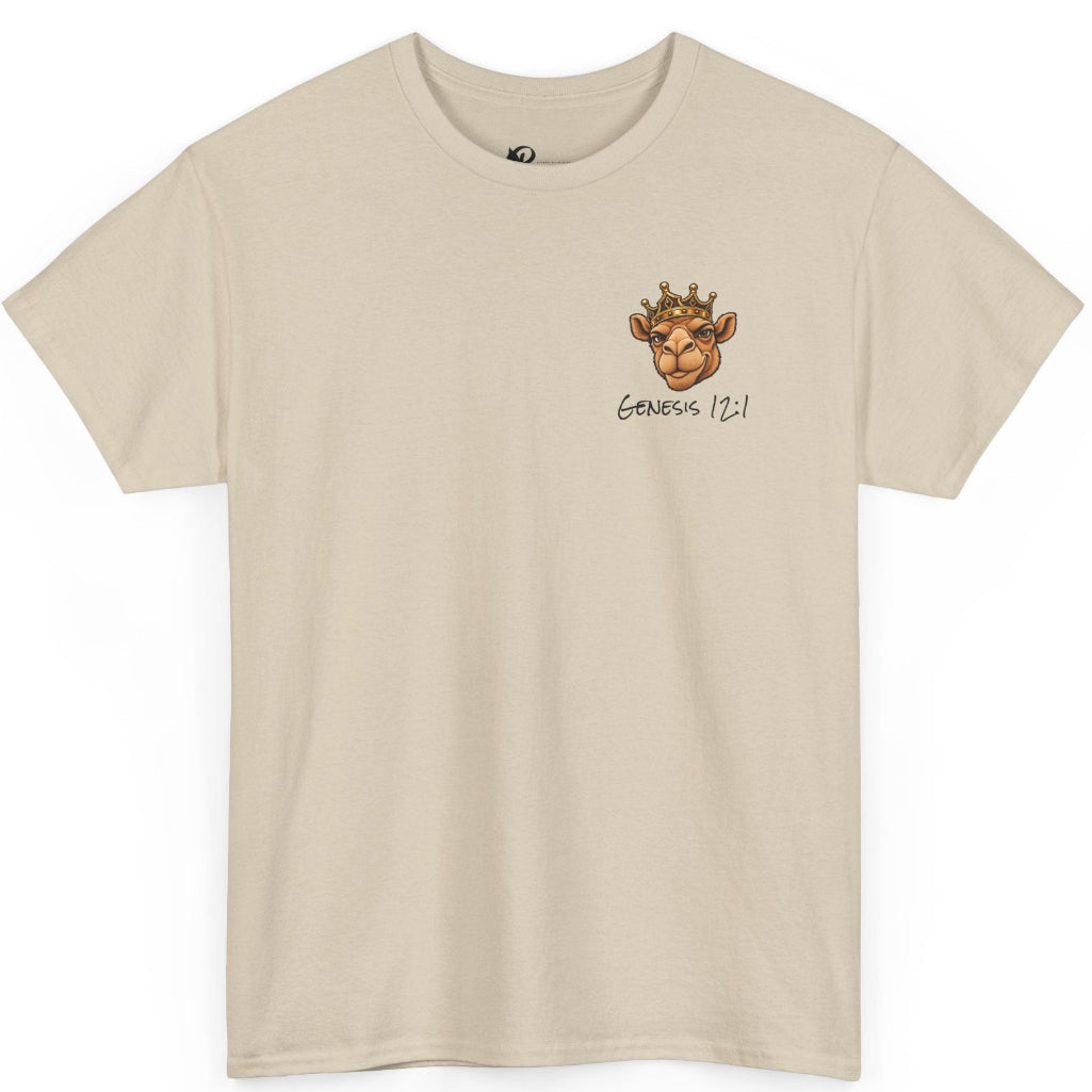 Sand colored t-shirt with 'Genesis 12:1' text on a white background