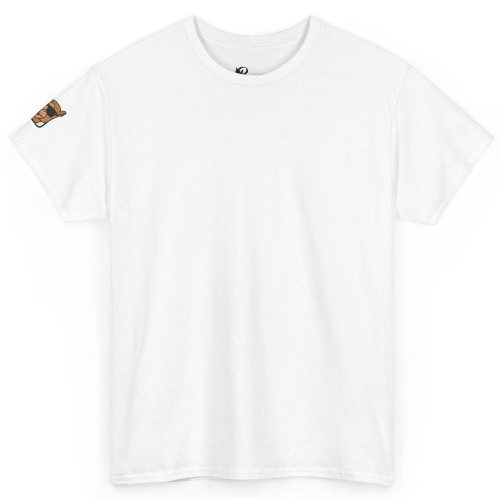 White t-shirt with a small red and black logo on the left sleeve against a white background