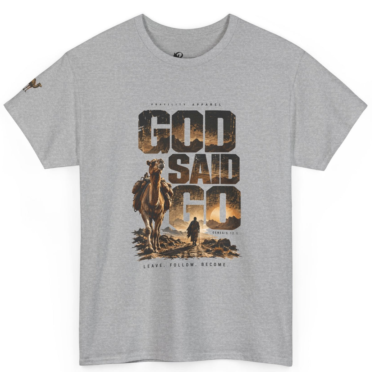 A heather gray crewneck t-shirt featuring a large graphic print on the front with the text 'GOD SAID GO' in a desert landscape with a camel and a person, by Prayility Apparel.