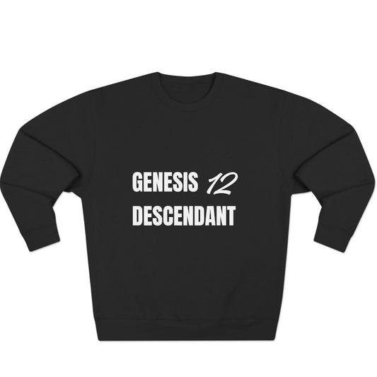 Black sweatshirt with Genesis 12 Descendant design on a white background