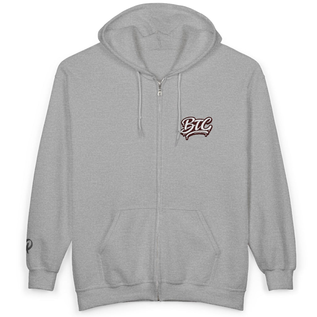 Gray hoodie with a logo on the chest against a white background