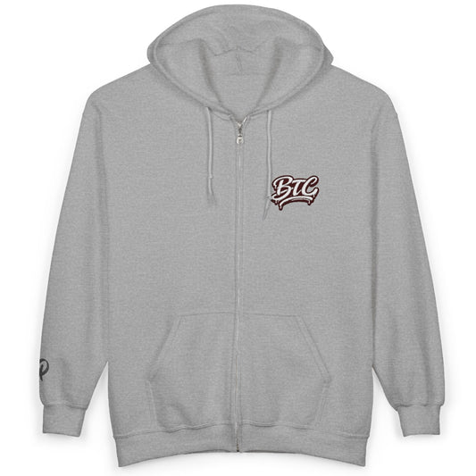 Gray hoodie with a logo on the chest against a white background