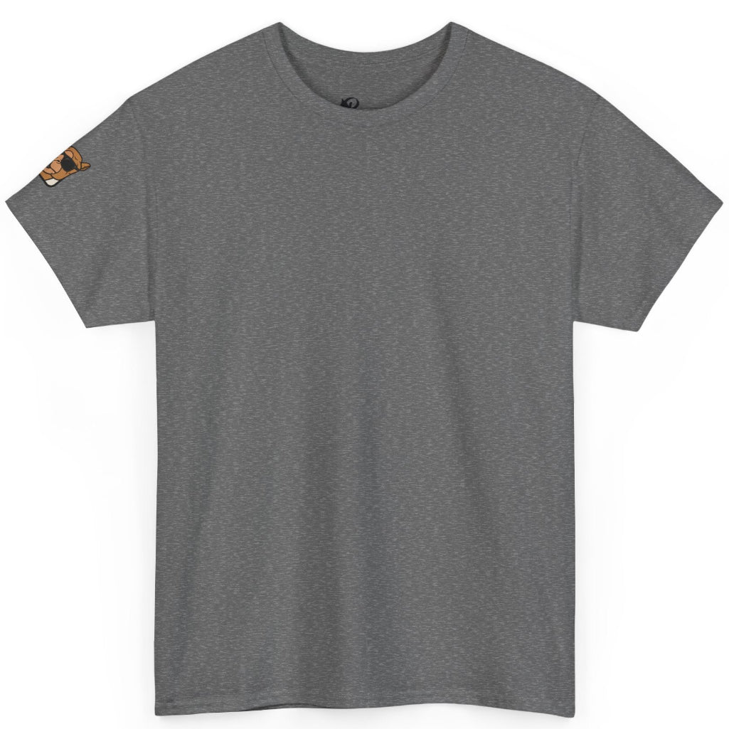 A gray short-sleeve crewneck t-shirt with a small camel patch on the right sleeve, displayed against a plain white background.