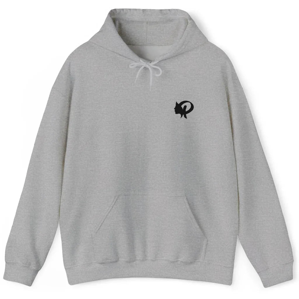 Gray hoodie with Prayility logo embroidered on a white background
