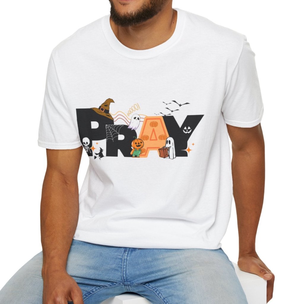 Man wearing Halloween PRAY T-Shirt | Prayility Apparel