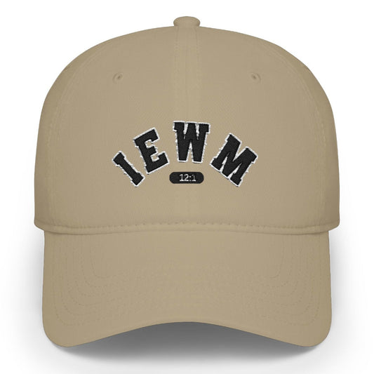 A khaki baseball cap with 'IEWM' and a small '12:1' emblem embroidered in black on the front, shown against a plain white background.