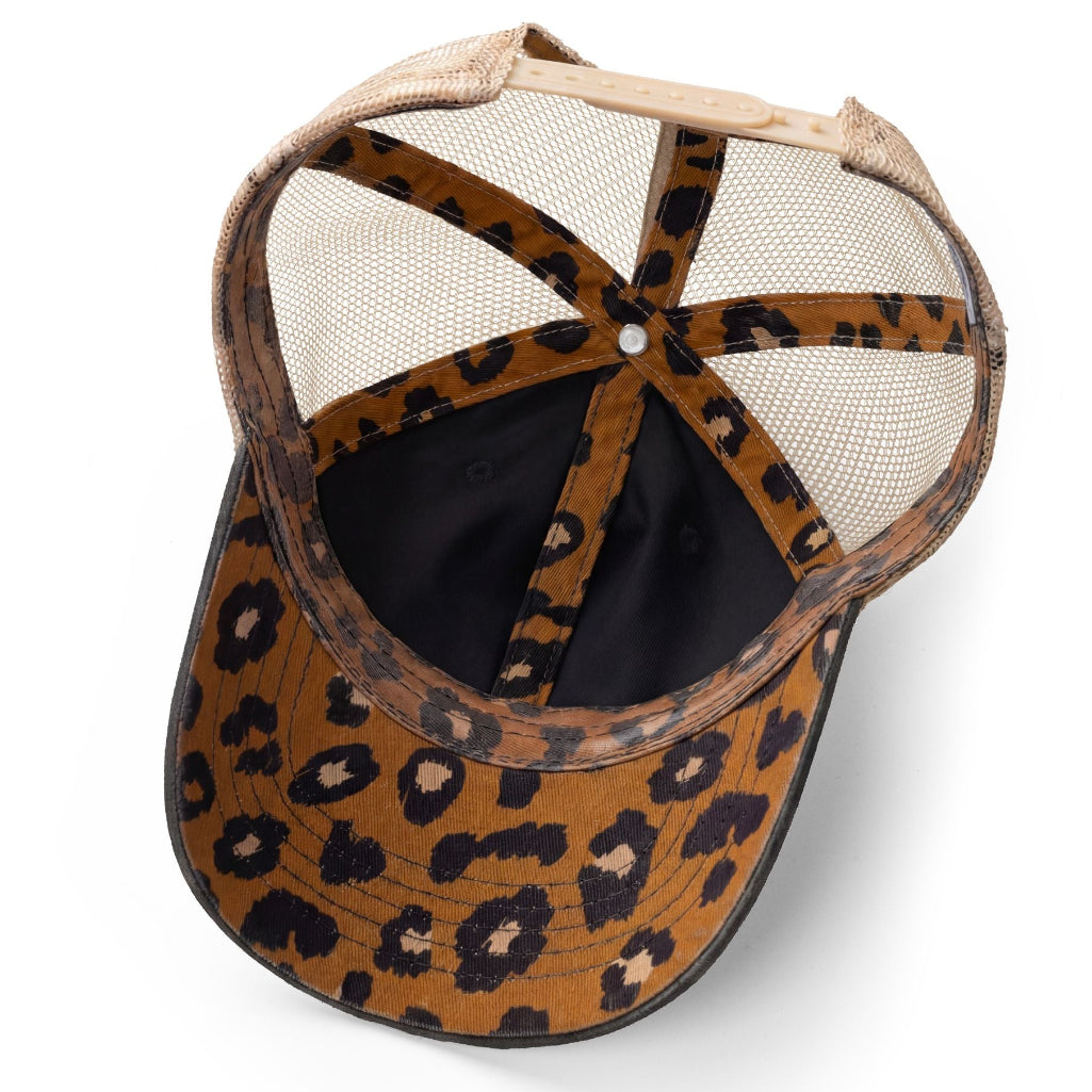 Leopard print baseball cap with mesh back on a white background