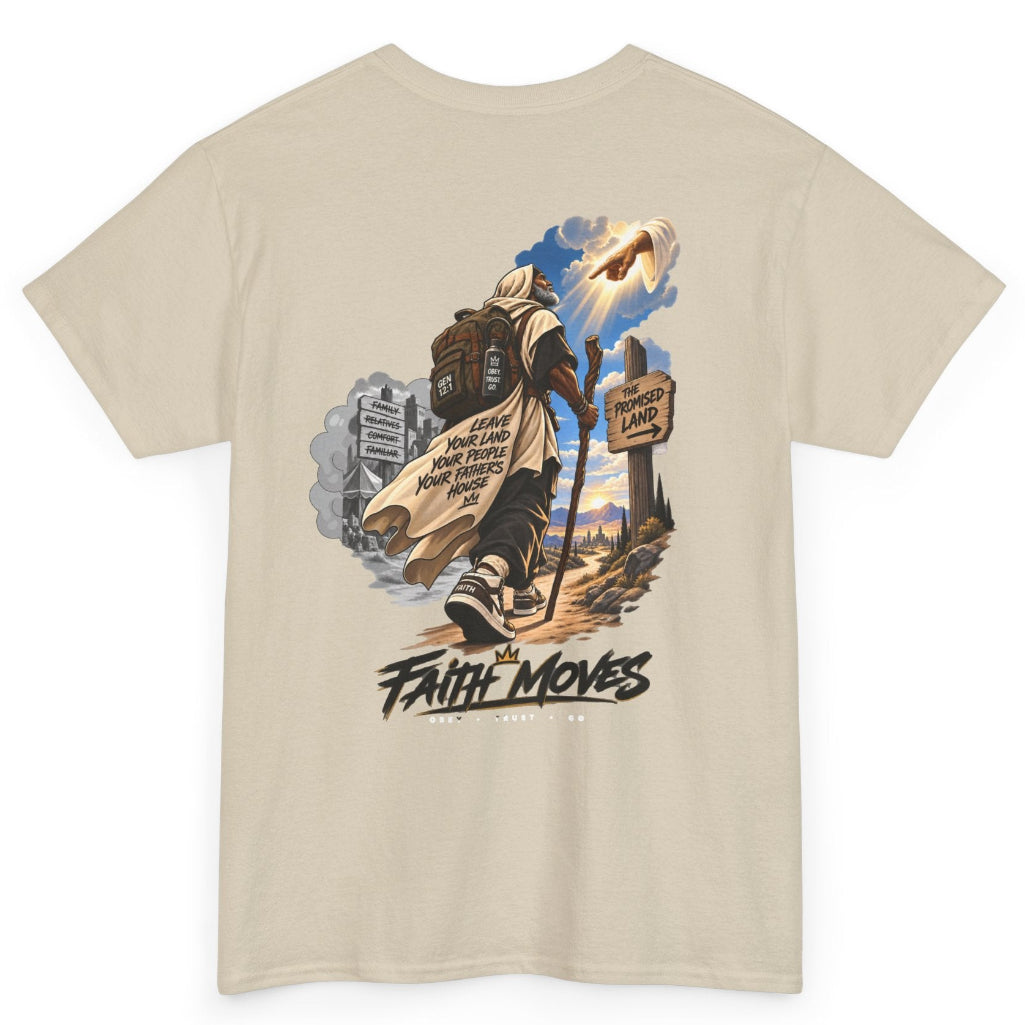 A beige short-sleeve t-shirt with a large graphic print on the front, featuring an illustration of a person carrying a staff and the text 'FAITH MOVES'