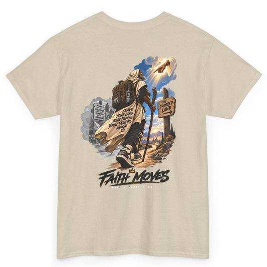 A beige short-sleeve t-shirt with a large graphic print on the front, featuring an illustration of a person carrying a staff and the text 'FAITH MOVES'