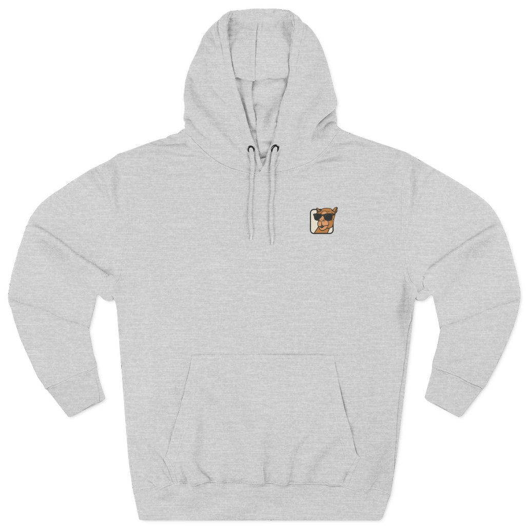 Light gray hoodie with a small logo on the chest against a white background