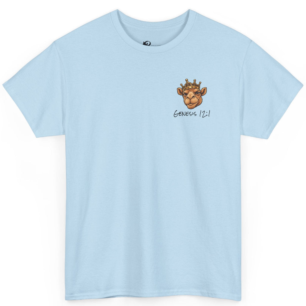 A light blue short-sleeve crewneck t-shirt with a small graphic on the left chest showing a cartoon camel wearing a crown and 'Genesis 12:1'.